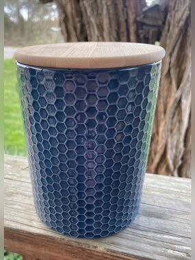 Glossy Blue Hexagon Ceramic Canister with Bamboo Lid - Home Accents Decor